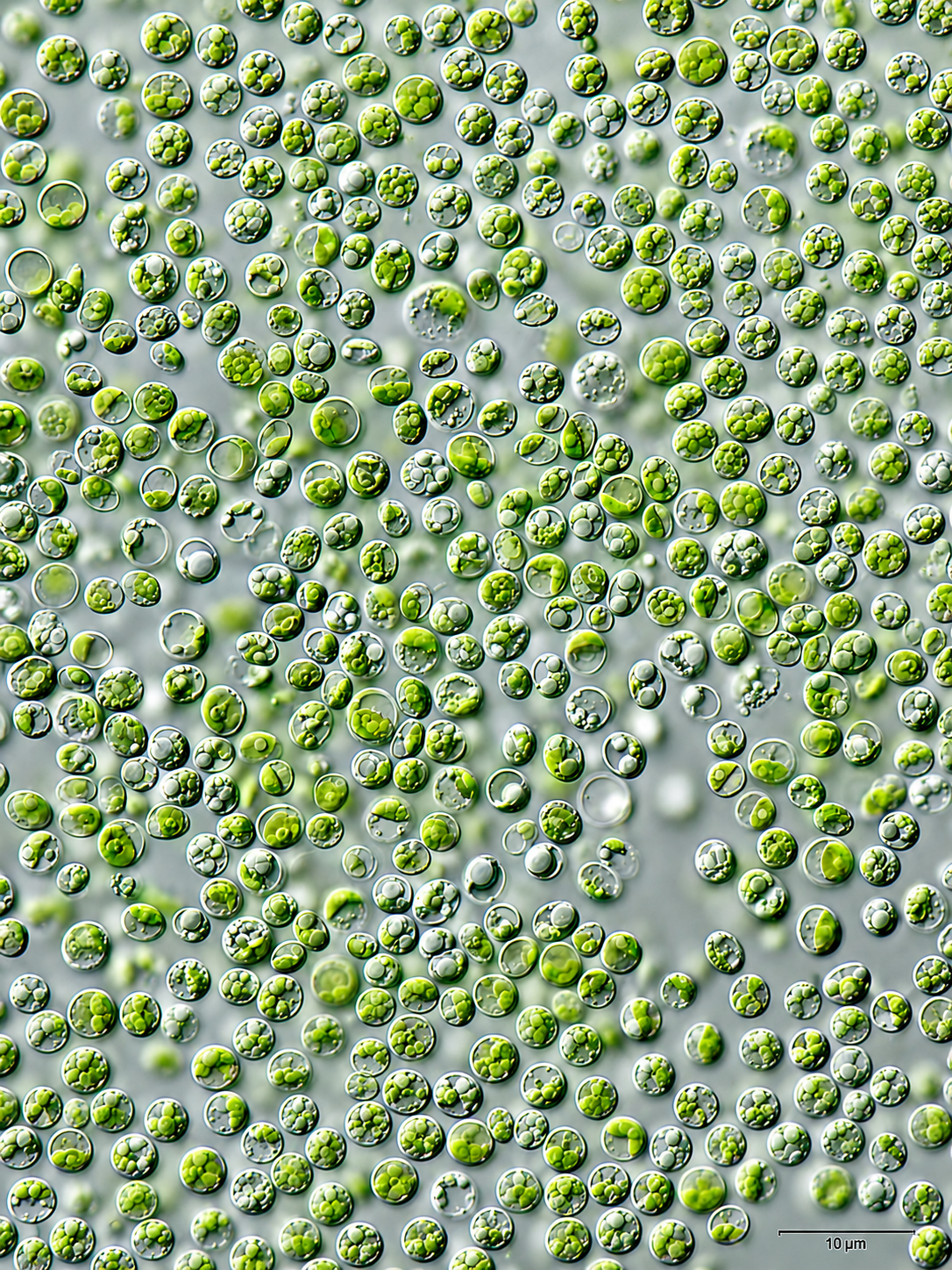 Magnified emerald chlorella microalgae cells