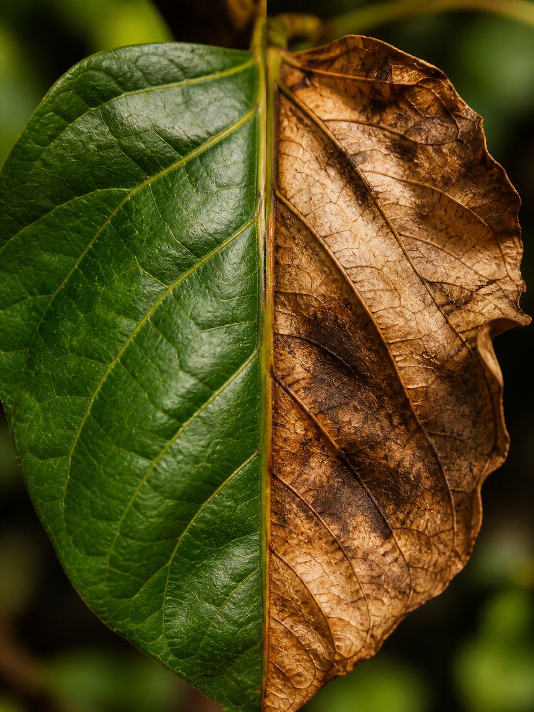 A leaf showing the slow, visible effects of oxidation and environmental weathering