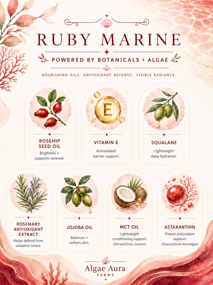 Ruby Cell-Defense ingredient visual explaining astaxanthin, squalane, jojoba, rosehip, beeswax, rosemary and vitamin E benefits