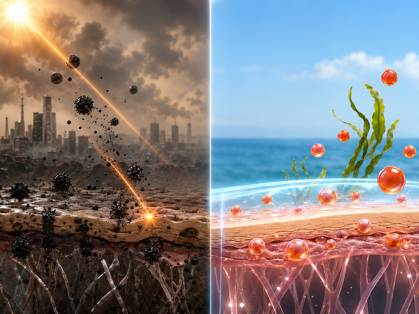 Microscopic visualization of oxidation: free radicals damaging skin cells vs Astaxanthin stabilizing them
